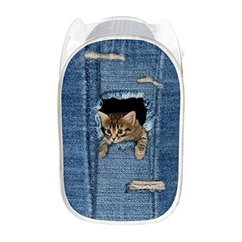 AFPANQZ Cute Cat Denim Print Laundry Baskets Foldable Pop Up Mesh Washing Laundry Basket Bag Bin Hamper Nursery Toy Tidy Storage Organiser Large Organizer Blue 85L, 14.5x14.5x24.5 Cover