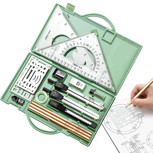 Herramientas de dibujo, conjunto de geometría - Juego de geometría profesional de 16 piezas con reglas de metal | Juego de transportadores de brújula y regla triangular, suministros de dibujo, lápices