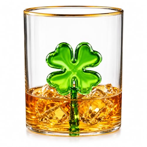 MONARCH CRYSTAL Lucky Four Leaf Clover Irish Whiskey Glass with Gold Rim Shamrock Rocks Glass Irish Gift for Whiskey Lovers
