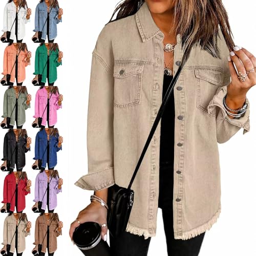 Women’s Oversized Denim Jacket – Button-Down Shacket, Distressed Jean Coat with Frayed Hem