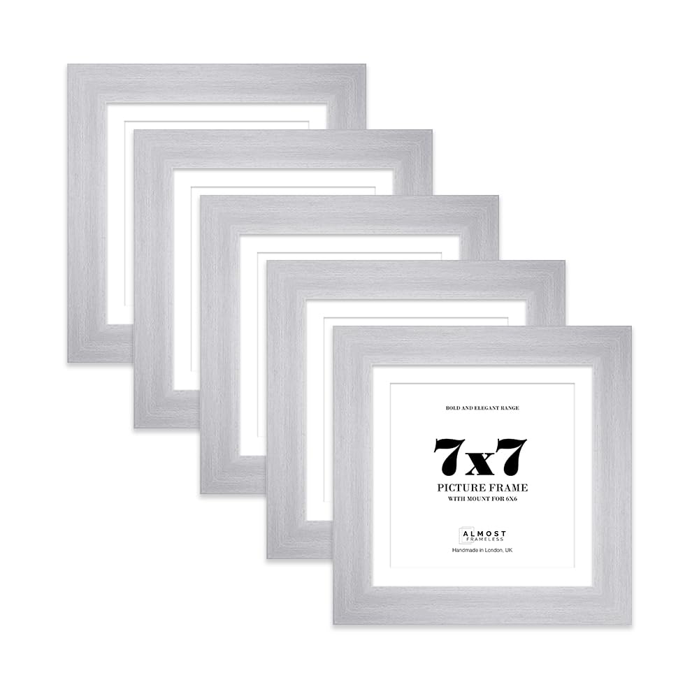 7x7" Silver Square Frame With Mount for 6x6" Pictures 28mm Edge Frame Display with Wall Hooks and Kickstand, 5 Pack