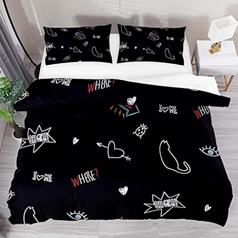 Godsous 3 Pieces Polyester Duvet Cover Set,100% Natural Fabric Bedding, White Line Cats and Phrases Pattern Morden Style With Zipper Closure Cover