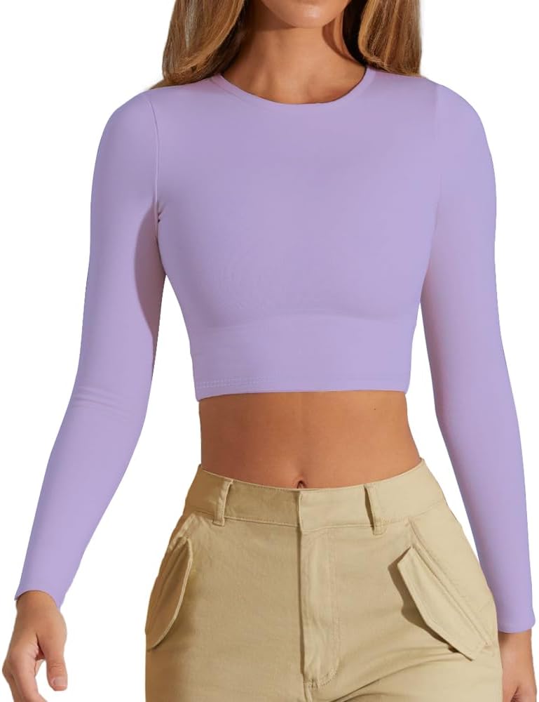 Women's Sexy Crew Neck Crop Top Long Sleeve Basic Fitted Tight Cropped T Shirts