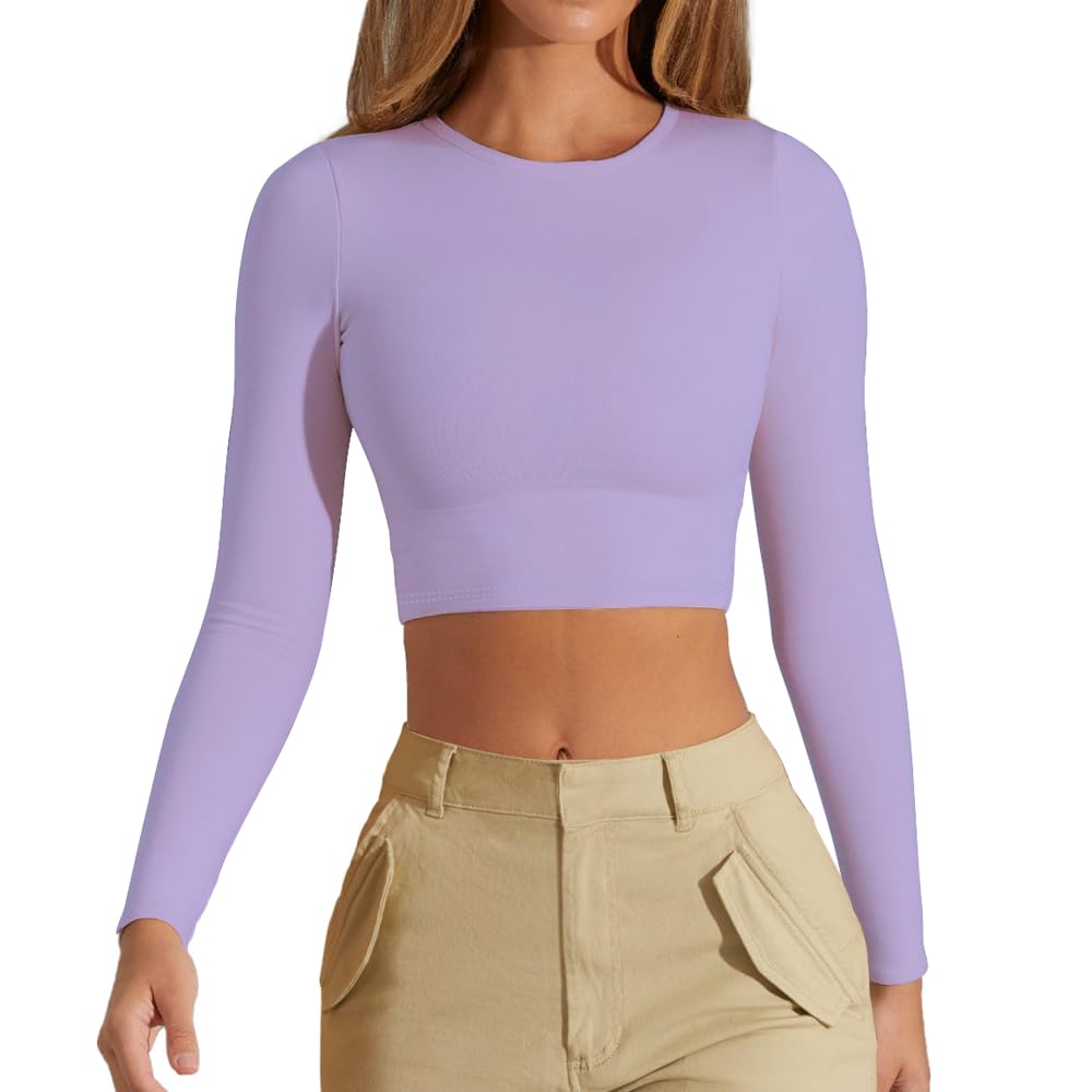 CUHUDA Women's Sexy Crew Neck Crop Top Long Sleeve Basic Fitted Tight Cropped T Shirts