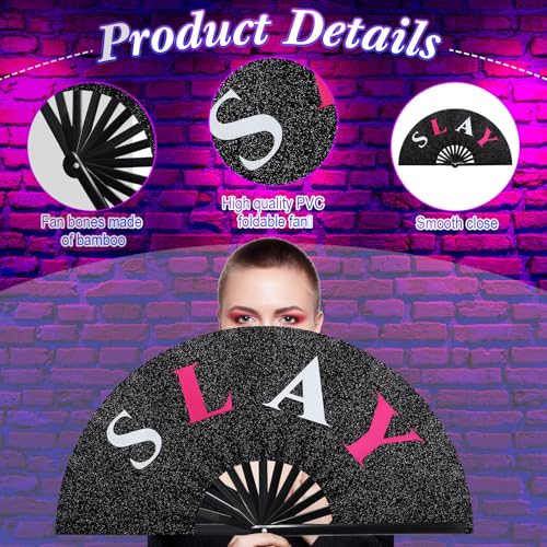 Image of FairySandy Large Rave Fan UV Glow Clack Summer Hand Fan with Thigh Holster for Women Carnival Party Supplies for Carnival Edm Music Festival Club Accessories(Slay,Black)