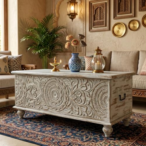 Image of Natura Solid Wood Coffee Table for Living Room Wooden Trunk Box for Storage | Handcrafted Center Table for Living Room with Sandook Storage | Pitara for Home and Bedroom (White Distress)
