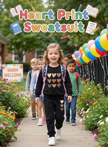 Image of Cute Toddler Girls Sweatsuit - Casual Heart Print Child Clothes Fall Outfit