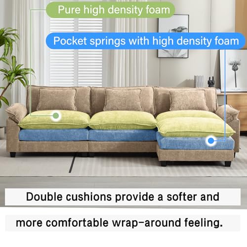 Image of Oprisen 120 inch Modular Sectional Sofa, Comfy Cloud Couch Sectional Sofa with Ottoman, Chenille Sofa Sleeper Deep Seat Sofa with Throw Pillows for Living Room (Khaki, 120 inch- L Shape)