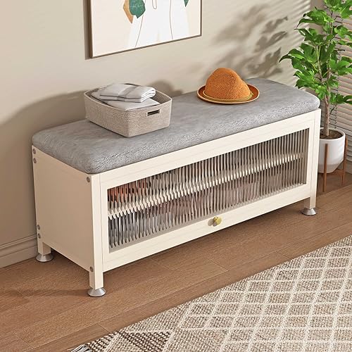 Scarpiera regolabile con sedile imbottito, 2 ripiani con ante, scarpiera bianca per corridoio e camera da letto, design con poggiapiedi, 100 x 36 x 55 cm