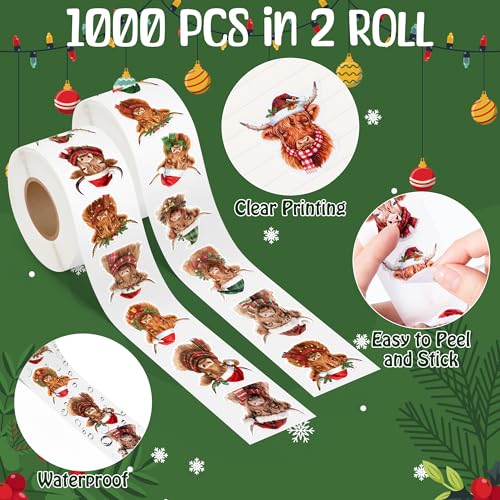 Image of Christmas Highland Cow Sticker - 600 Pcs Christmas Highland Cow Waterproof Vinyl Reusable Laptop Sticker Coloring Book Scrapbook Water Bottle Page Activity Pad Party Favor Skateboard Gift