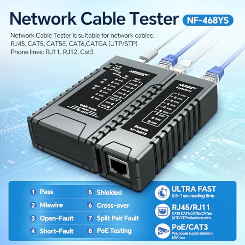 Image of NOYAFA NF-468YS Network Cable Tester, Ethernet Cable Tester for RJ11, RJ12, RJ45, CAT5,CAT6, CAT7, Continuity Tester,PoE Testing, UTP /STP Cable Checker, 60VAnti-Burn LAN Network Tool