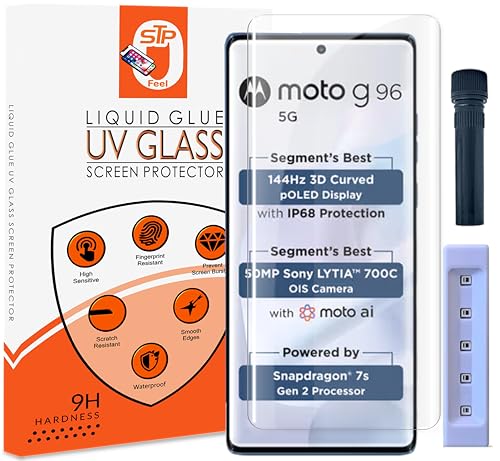 Image of STP FEEL UV Advanced Tempered Glass Screen Protector Guard Compatible For Motorola G96 5G / Moto G96 5G (6.67 Inch, Pack of 1) Full Adhesive UV Curved Case Friendly HD Clarity