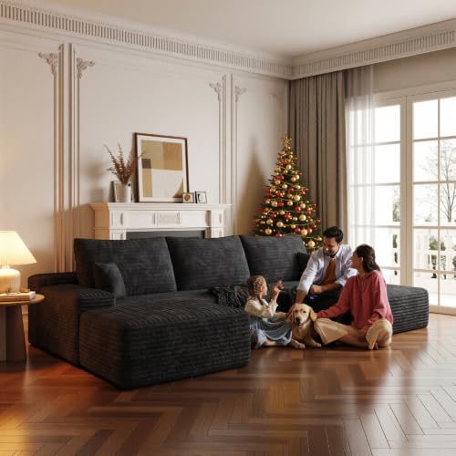 Image of Boneless Couch, Modular Sectional Couches for Living Room, U-Shaped Cloud Couch Sofa with Deep Seat, Fluffy Corduroy Upholstered Corner Sofa