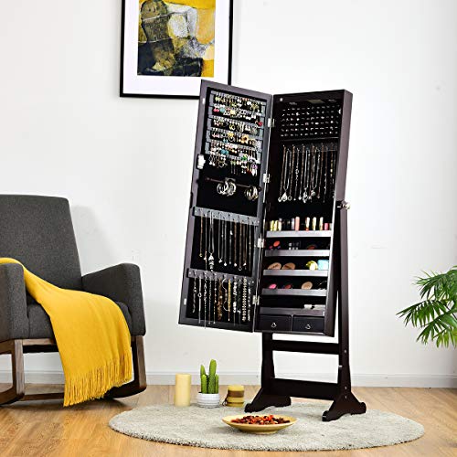 Giantex-2-LEDs-Lockable-Standing-Jewelry-Cabinet-with-Full-Length-Mirror-Lockable-Mirrored-Jewelry-Armoire-with-Scarf-Rod-2-Drawers-and-4-Adjustable-Angle-Brown