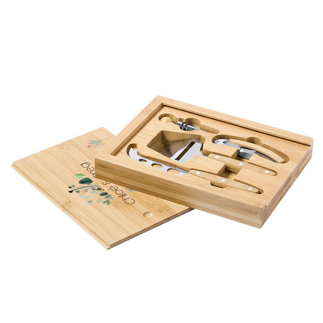 Coffret Personnalisé en Bois Fromage et Vin, Cadeau de Mariage avec Accessoires, Marquage Floral - Personnalisation sur Commande