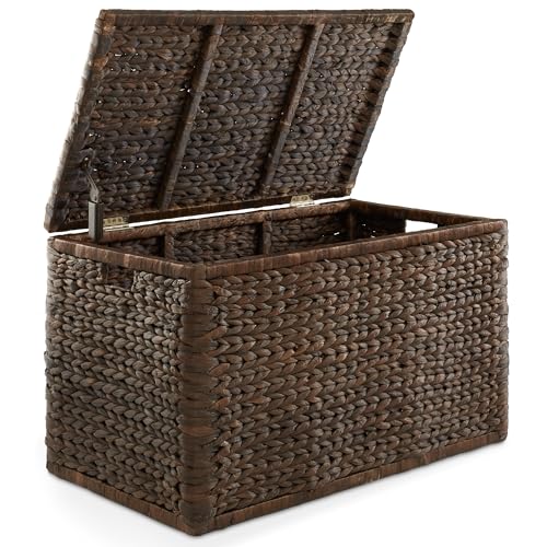 Image of Casafield 30 inch Storage Chest with Lid, Handles, Safety Hinge - Espresso Dark Brown, Hyacinth Wicker Storage Trunk for Entry Way, Living Room, Bedroom