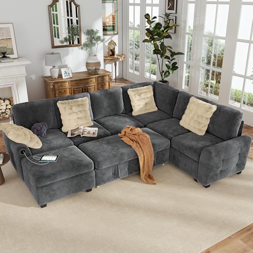 Image of Hanherry Sectional Couch with Pull Out Sofa Bed,Chenille Sleeper Sofa with Storage Ottoman & USB Charging,Comfy L Shaped Modular Couches for Living Room,Apartment