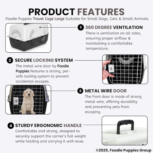 Image of Foodie Puppies Imported Plastic Pet Travel Carrier Cage & Kennel House (58 x 37 x 37 cm, Neon Grey) for Dogs, Puppies & Small to Medium Pets | Transporter Box with Metal Door & Spring Lock