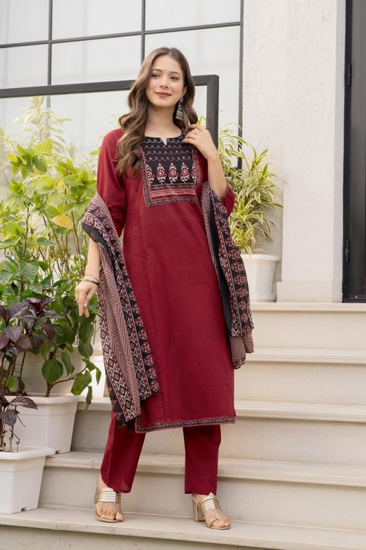 Image of Amayra Women's Cotton Straight Kurta Set with Palazzo Pants & Dupatta- Ethnic Wear