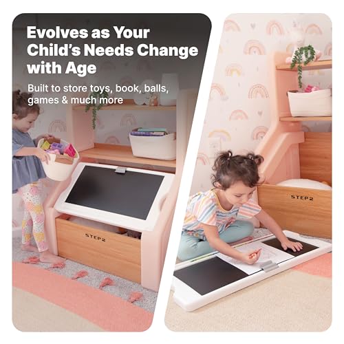 Step2 Harmony Toy Storage Box, Wood and Plastic, Shelves for Books, Toy Storage Bin with Chalkboard Lid and Clip, Easel and Toy Organizer in One, Rose Pink - image 4