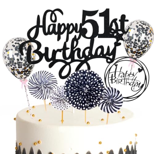 Feelairy Toppers per Torta di 51 anni Compleanno Donna, Nero Decorazioni Torta Compleanno 51 anni Uomo Glitter Cake Topper Happy Birthday per Forniture di Feste 51 anni Compleanno