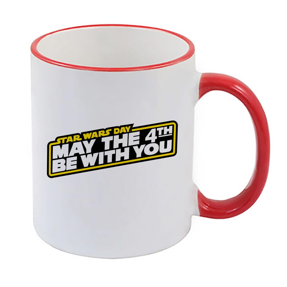 Giftme 4th Birthday Mug, May The 4th Be with You, Coloured Rim Mug, Coffee, Tea Mug. (Red Rim)