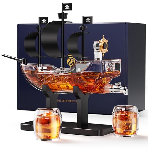 Kollea Birthday Gifts for Men Dad Pirate Ship Whiskey Decanter Set with 2 Glasses Liquor Dispenser for Home Bar Funny Gift Ideas for Him Husband Father Boyfriend Anniversary Sailor & Captain