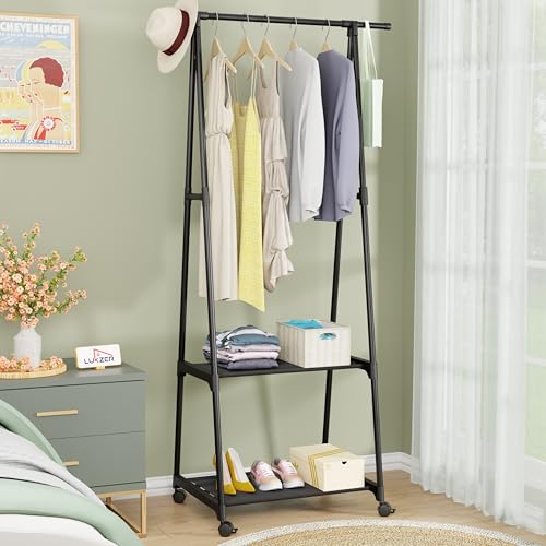 Lukzer A-Shape MGR-010/Black Garment Rack | Multipurpose Coat Hanger, Clothes Organizer with 2 Bottom Shelves, Space-Saving Storage, Stylish Home Deco