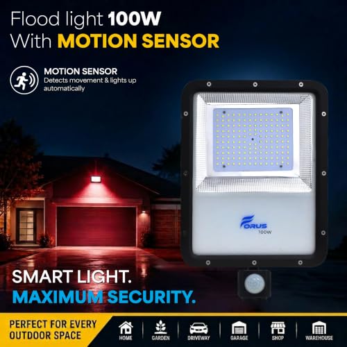 Image of Forus 100W LED Flood Light Red with Motion Sensor Auto On Off Day Night Mode Waterproof Outdoor Security Light for Garden Parking Garage Factory Warehouse Shop High Bright Floodlight 4Yr Warranty-1Pc