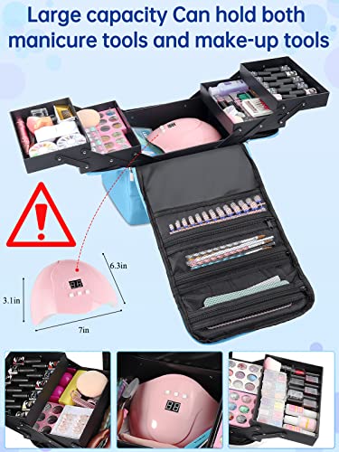 Makeup Travel Train Case, Large Makeup Nail Polish Organizer Bag, 4 Tier Professional Makeup Bag Storage Box Cosmetic Train Case With Straps Pockets Luggage Belt For Nail Tools Makeup Brushes (Blue) #TOP3