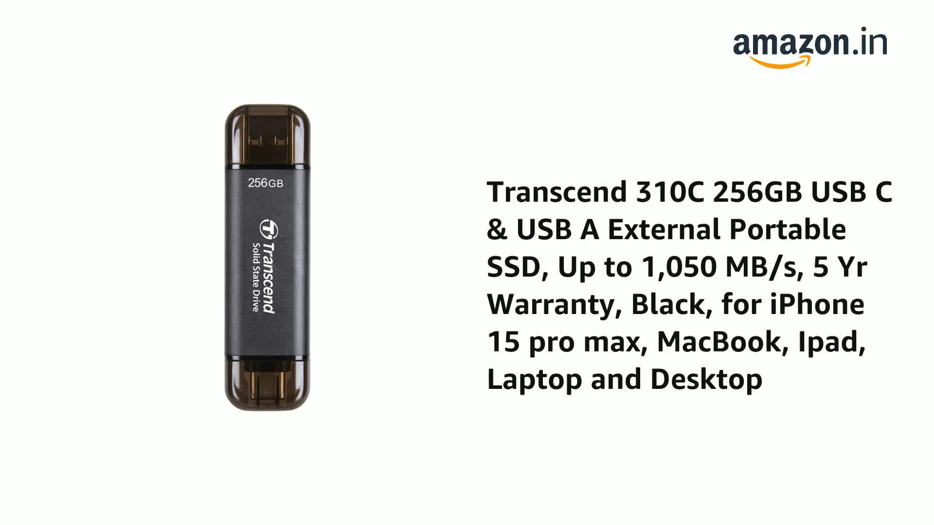 Transcend 310C 256GB USB C & USB A External Portable SSD