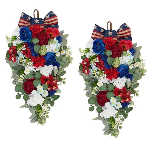 Idyllic 2 Pcs Red White and Blue Floral Swag with Roses Hydrangea & Daisies | Patriotic Hanging Door Decor for 4th of July Memorial Day Front Door