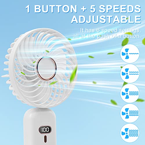 Audrwall Portable Handheld Fan, 5 Speeds Adjustable Hand Fan With Digital Display, Base And Lanyard, 5000Mah Battery Operated Mini Fan 90° Foldable Personal Fan For Travel Home Office Makeup #TOP1