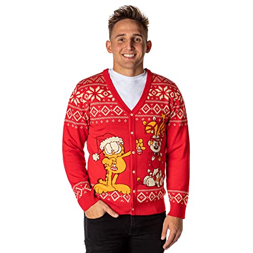 Garfield Men's Odie and Garfield Christmas Ugly Sweater Button-Up Knit Cardigan