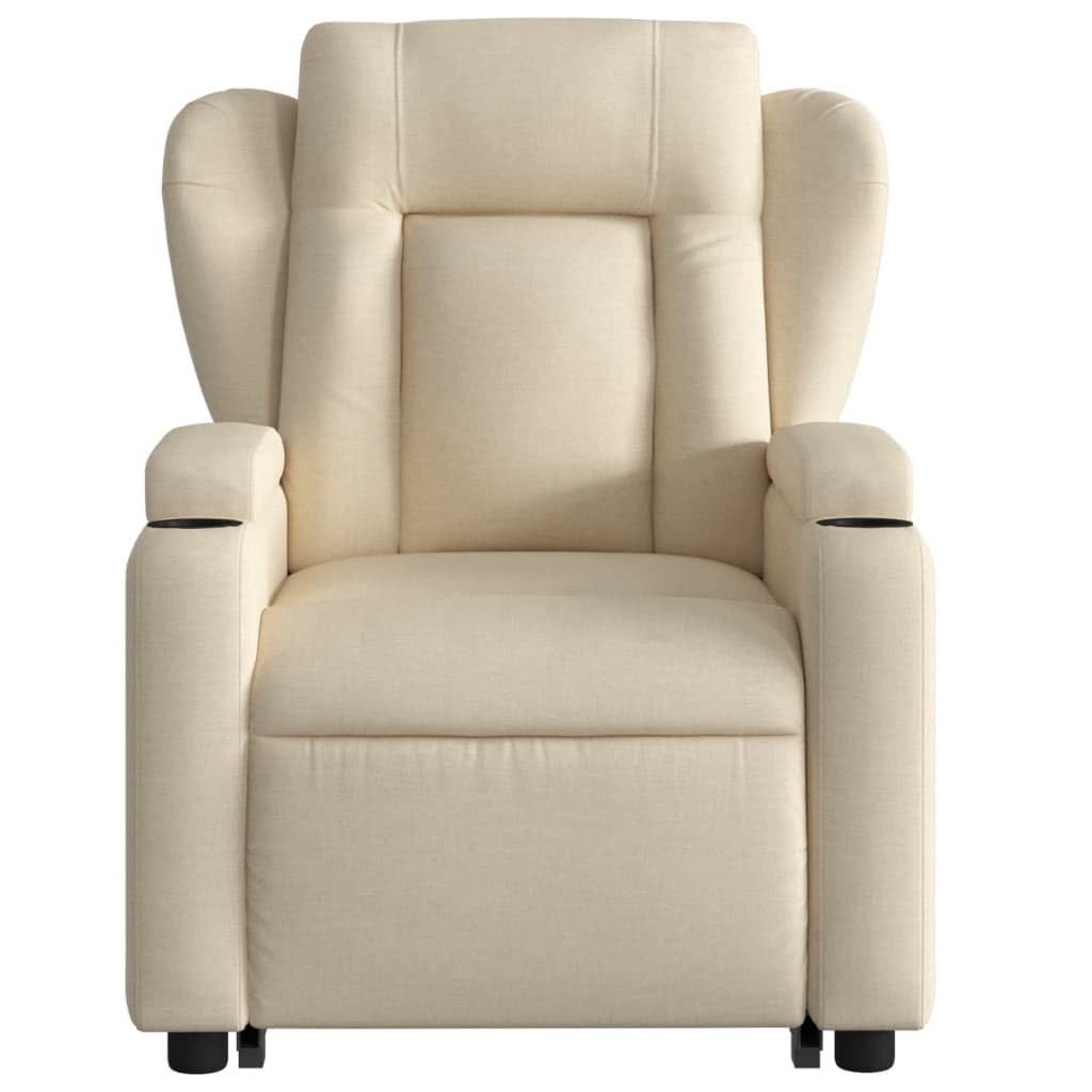 Sillón elevador eléctrico reclinable de tela color crema con elevación automática y respaldo manual, cómodo con portavasos y bolsillo lateral, estructura estable