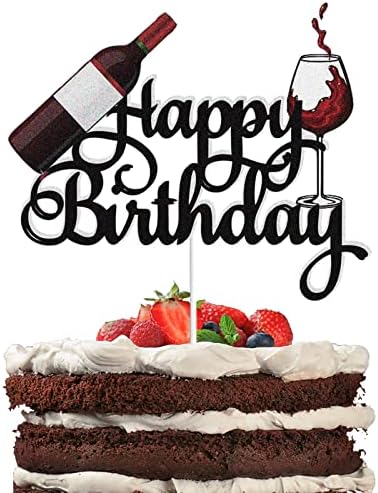 KEWEYA Red Wine Happy Birthday Cake Topper Black Glitter Beers Wine Glass Cake Decor Celebrating Cheers to 21 30 40 50 60 Years Theme Birthday Party Decoration Supplies for Men Women
