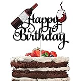 KEWEYA Red Wine Happy Birthday Cake Topper Black Glitter Beers Wine Glass Cake Decor Celebrating Che