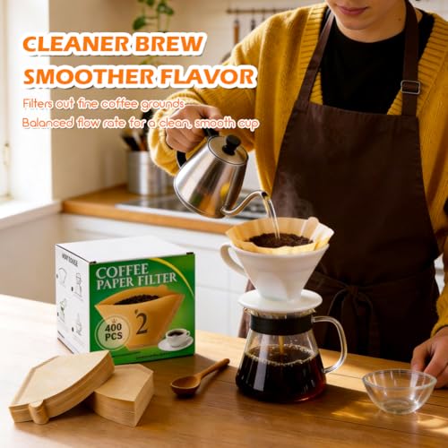 Image of BYKITCHEN 400PCS #2 Cone Coffee Filters, Natural Unbleached Disposable No 2 Small Cone Coffee Filter Paper, Compatible with 2-6 Cup Conical Shaped Coffee Dripper and Pour Over Brewers /Coffee Maker