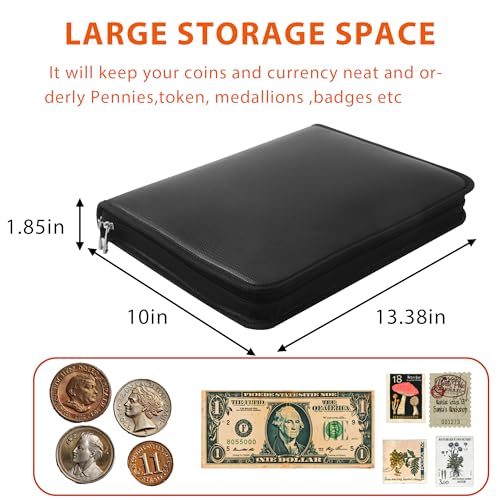 Coin Collection Book Album Holder for Collectors, 400 Pockets Fireproof Coin Collection Book & 36 Paper Money Organizer Binder for Coin Currency Collection Supplies,Bill,Pennies,Badges,Tokens