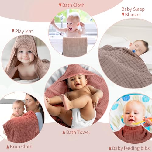 Image of VitalCozy 6 Pcs Baby Muslin Hooded Bath Towels and Washcloths, Muslin Hooded Baby Towels Absorbent Blankets for Gift Newborn Infant Shower (Brown,Burnt Orange)