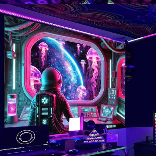 Image of Nuxovilar Neon Astronaut Wall Tapestry Polyester 78.74x59.05 In | Glow Poster Trippy Art Cosmic Decor UV Wall Hanging Studio Rec Room Themed Gathering (Astronaut Jellyfish)
