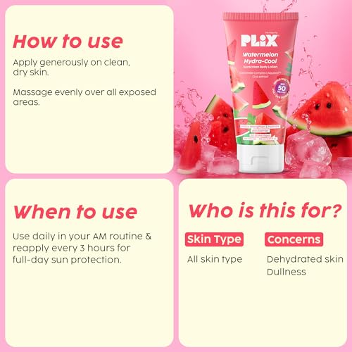 Image of PLIX - THE PLANT FIX Watermelon Hydra-Cool Sunscreen Body Lotion With SPF 50 | PA++++ | Ceramides, Cica, Aquaxyl & Frescolat ML | Lightweight 2-in-1 Body Lotion + Sunscreen (Pack of 1, 150ml)