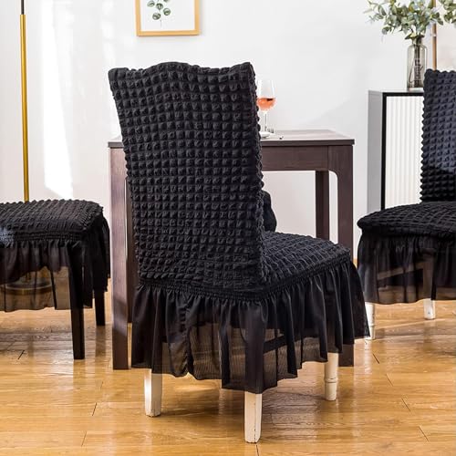 Image of House of Quirk Turkish Bubble Frill Chair Cover Stretch Removable Washable Short Dining Chair Cover Protector Seat Slipcover (Grey, Pack of 8)