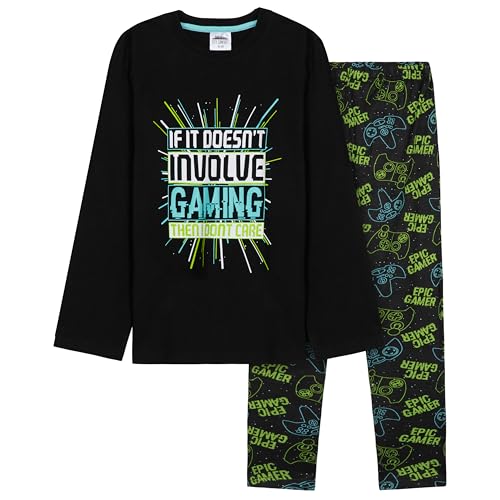 CityComfort Schlafanzug Jungen Lang Weich und Warm Pyjama Set mit Coolen Designs Gamer Lounge Wear Geschenke für Jungs Teens (11-12 Jahre, Grün/Schwarz Gaming)