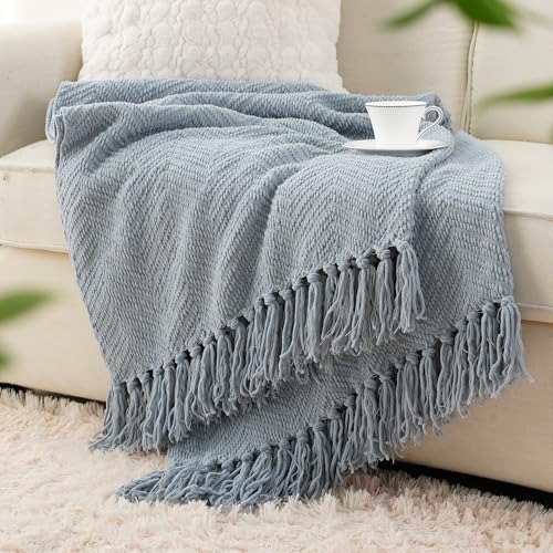 Image of BATTILO HOME Blue Grey Chenille Throw Blanket for Couch, 60 inchx80 inch