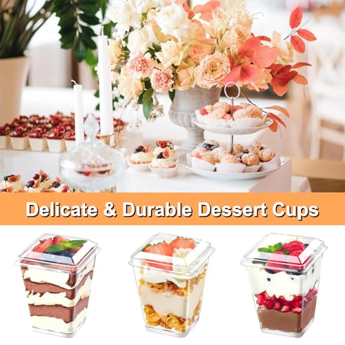 AUTOWNLUX 50 Stück Dessertgläser Plastik mit Deckel und Löffeln, 5oz/160ml Dessertbecher Wiederverwendbar, Quadratischer Plastikbecher für Dessert Pudding Mousse Eiscreme Party