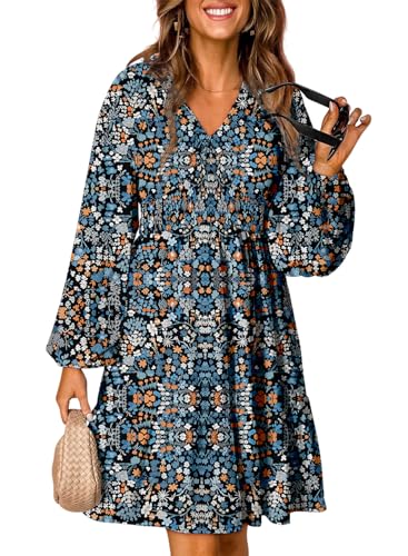 Dokotoo Fall Dresses for Women 2025 Boho Smocked V Neck Long Lantern Sleeve Bohemian Floral Casual Loose Empire Waist Mini Babydoll Country Concert Dress A-Line Short Sun Dress Sundress Blue Small