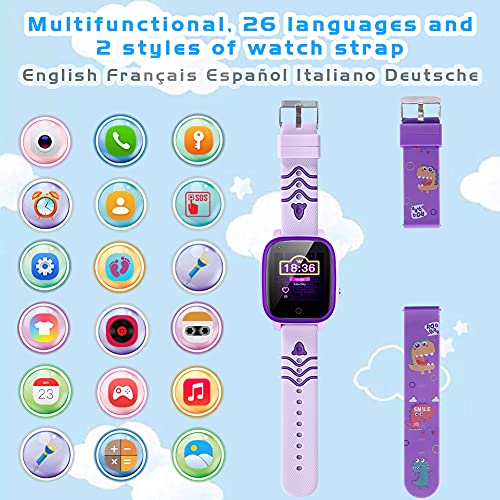 Kids Smart Watch, 4G WiFi GPS LBS Tracker SOS Emergency Call Video Chat Children Smartwatches, IP67 Waterproof Phone Watch for Age 4-12 Boys Girls Gifts (Purple, T5, Cartoon Style)4