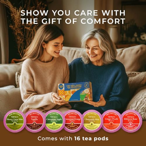 Image of Get Well Soon Tea Pod Gift Set (16 Count) - 7 Flavors Assorted Variety Pack | Honey Citrus Mint, Vanilla Chai, Cinnamon Apple, Cinnamon Orange, Chamomile Mint, Ginger Peach, Hibiscus Rose, Non-GMO