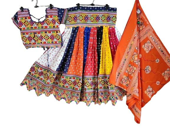 Rayon Cotton Readymade Lehenga Choli with Heavy Gamthi work Border with real Mirror Work Traditional Navratri Chaniya Choli (Free Size Multicolor)